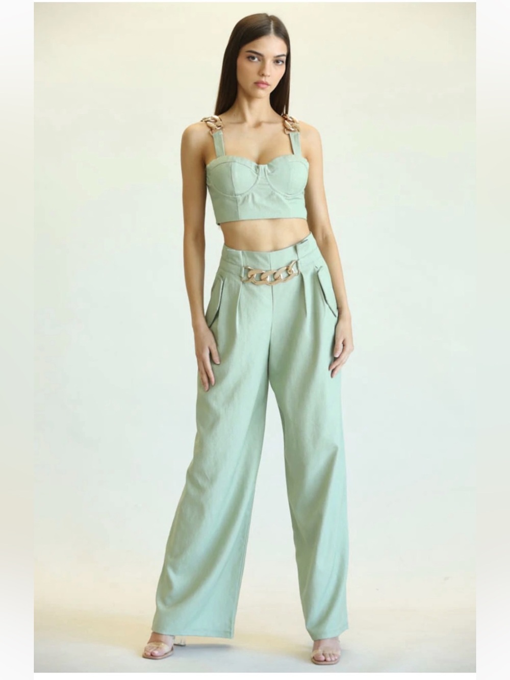 High-Waist Wide-Leg Pants in Sage Green
